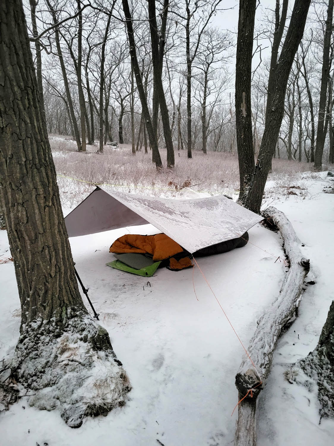Morning winter camp with dusting of snow