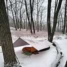Morning winter camp with dusting of snow