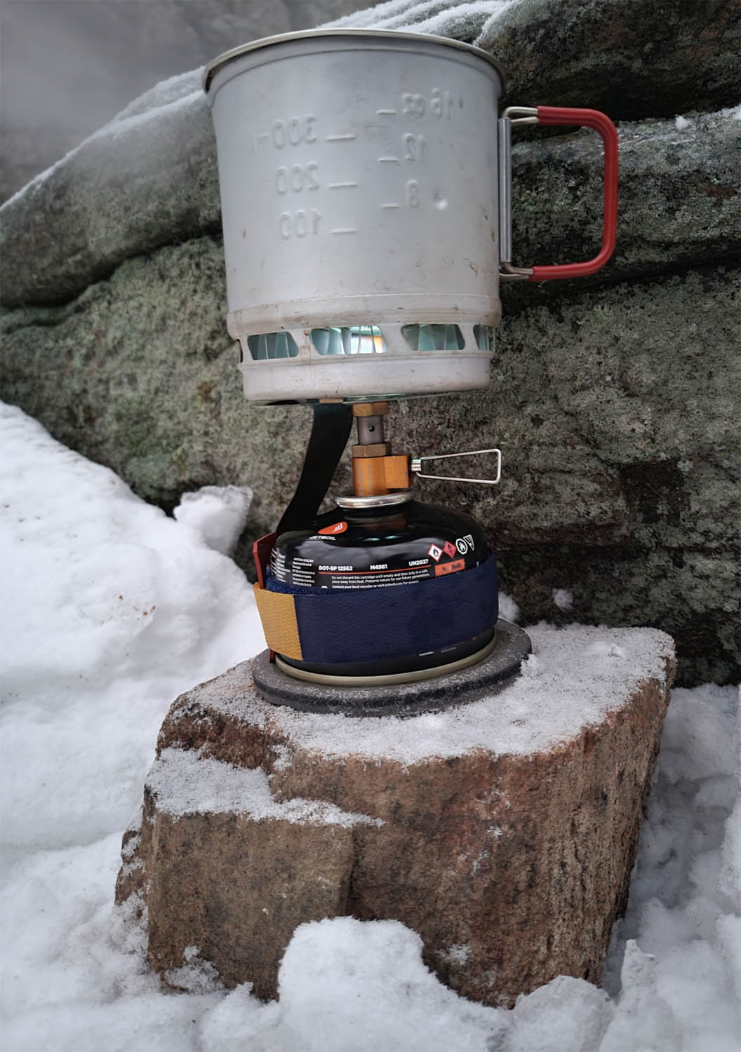 winter canister stove setup