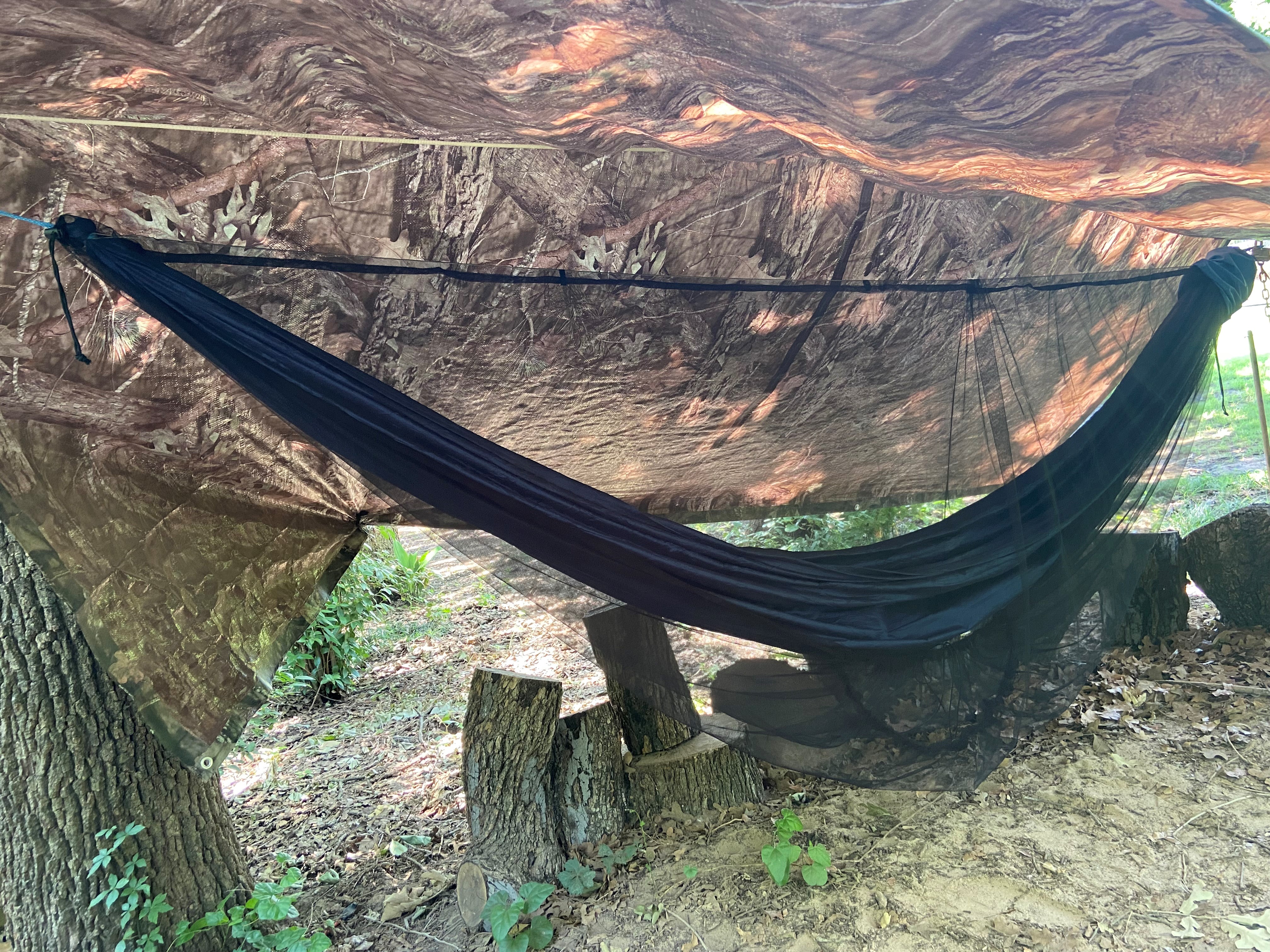 The blue DIY hammock with bottom-entry bug-net